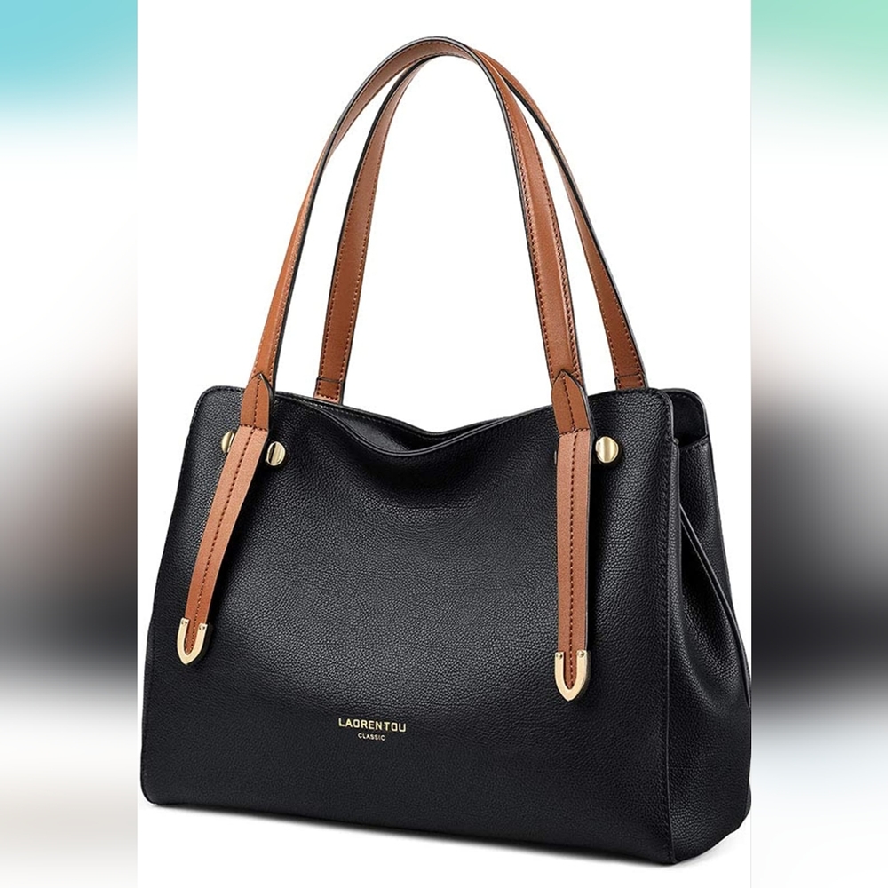 BLACK LEATHER 🖤 Laorentou purse with brown straps. Excellent condition!